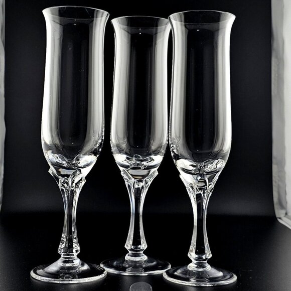 3 Nachtmann Fine Crystal Onyx Champagne Flutes Glasses 8.5" petal sculpted stem - Picture 2 of 9